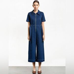 Pixie‎ Market size small s Ring Zipper Denim Jumpsuit wide leg romper navy blue